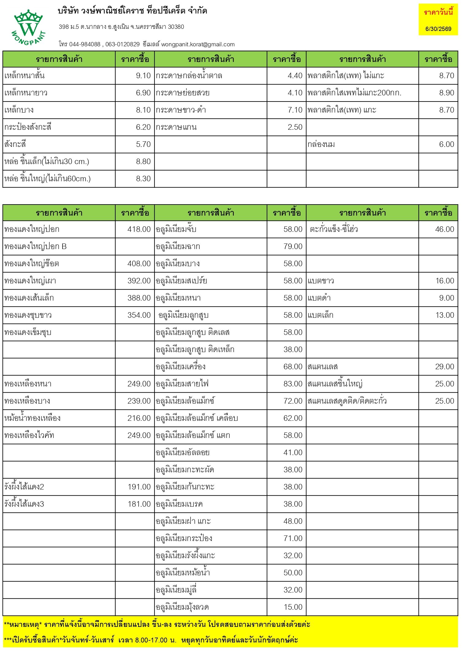 ราคากลางรับซื้อขยะวันนี้ เมื่อวันอังคารที่ 30 มิถุนายน 2569 ถึงปัจจุบัน